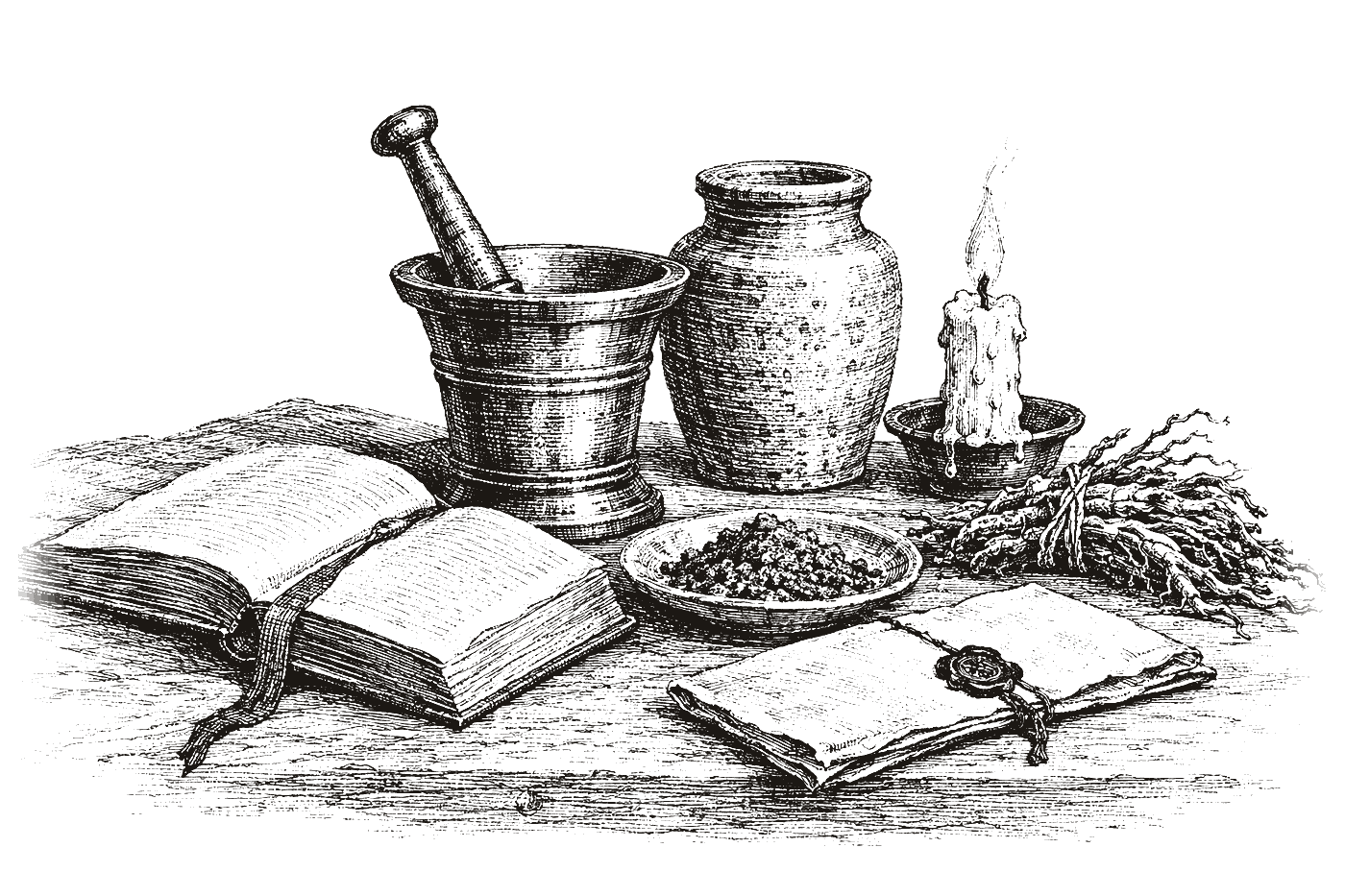 Engraving: a working table — mortar, jar, candle, casebook, a saucer of dirt, a sealed filing, roots